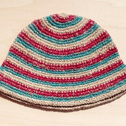 限定ワンピース手編み帽子/手編み綿とリネン帽子/手編みバケット帽子-赤と緑のストライプのフェアトレード麻の帽子 1枚目の画像