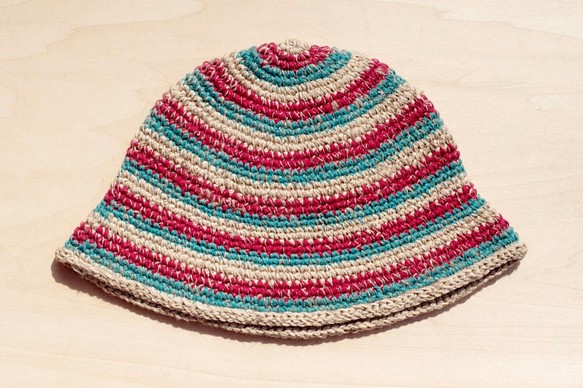 限定ワンピース手編み帽子/手編み綿とリネン帽子/手編みバケット帽子-赤と緑のストライプのフェアトレード麻の帽子 1枚目の画像