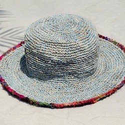 手織り綿のサリーラインキャップ/ニットキャップ/帽子/ストローハット - ブルー綿のサリー+編組民族の麻の帽子 1枚目の画像