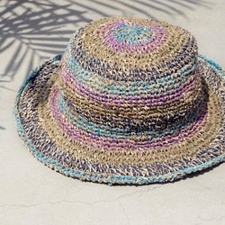限量一件 手工編織棉麻帽/編織帽/漁夫帽/遮陽帽/草帽/草編帽 - 藍紫森林色繽紛條紋 第1張的照片