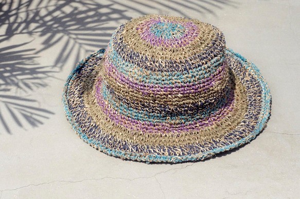 限量一件 手工編織棉麻帽/編織帽/漁夫帽/遮陽帽/草帽/草編帽 - 藍紫森林色繽紛條紋 第1張的照片