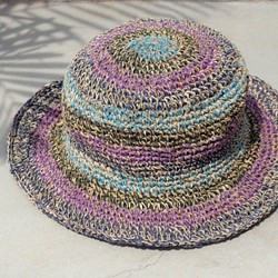 限量一件 手工編織棉麻帽/編織帽/漁夫帽/遮陽帽/草帽 - 藍紫森林色繽紛條紋 ethnic hemp hat 第1張的照片