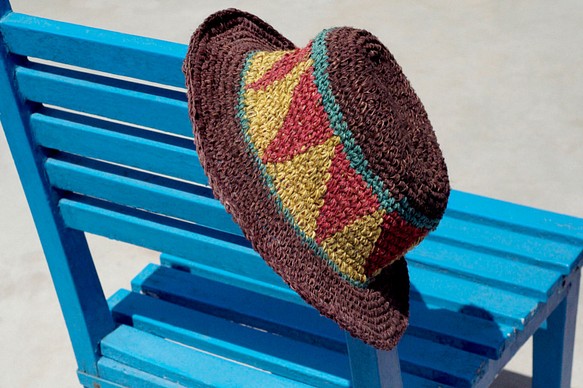 手織りコットン麻の帽子/編まれた帽子/漁師の帽子/太陽の帽子/麦わら帽子チョコレート茶色の三角形の幾何学的な織りの民族の麻の帽子 1枚目の画像