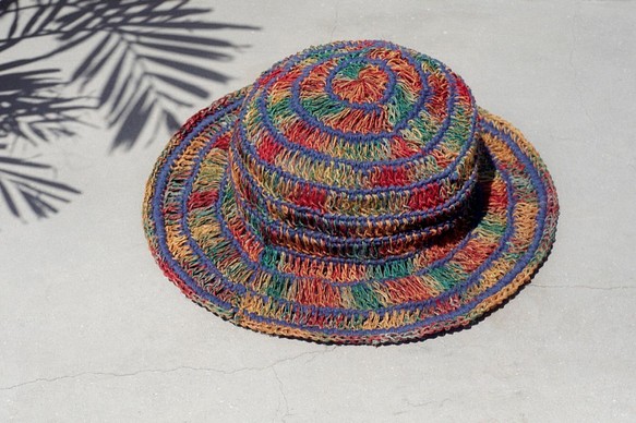生日禮物 手工限量 手工編織棉麻帽 / 漁夫帽 / 遮陽帽 / 草帽 - 鏤空熱帶森林色 ethnic hemp hat 第1張的照片