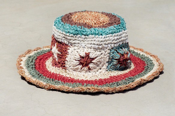 手織りコットンキャップ/ニットキャップ/帽子/麦わら帽子の限定版 - レトロな色のグラデーションの森の花織り麻の花の帽子 1枚目の画像