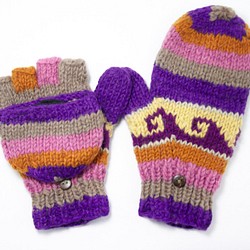 NG商品 限量一件針織純羊毛保暖手套 / 2ways手套 / 露趾手套 / 內刷毛手套 / 針織手套 - 紫色東歐民族風 第1張的照片