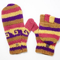 限量一件手織純羊毛針織手套 / 可拆卸手套 / 內刷毛手套 / 保暖手套 - 桃紅紫色童趣民族風 wool gloves 第1張的照片