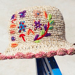母親節禮物 限量一件 手工編織棉麻帽/編織帽/漁夫帽/遮陽帽/草帽/草編帽 - Boho 彩虹刺繡花朵 森林風 ( 粉紅 第1張的照片
