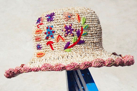 母親節禮物 限量一件 手工編織棉麻帽/編織帽/漁夫帽/遮陽帽/草帽/草編帽 - Boho 彩虹刺繡花朵 森林風 ( 粉紅 第1張的照片