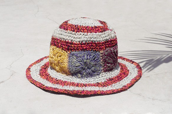 限量一件 手工編織棉麻帽/編織帽/漁夫帽/草帽/遮陽帽/鉤織帽 - 鮮豔對比色 熱帶森林系花朵編織 fairtrade 第1張的照片