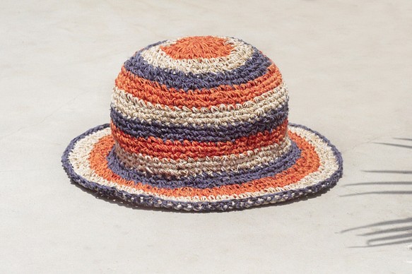 限量手工編織棉麻帽/編織帽/漁夫帽/遮陽帽/草帽/手工編織帽 - 熱帶水果 橘子與藍莓色 繽紛條紋 ( 小帽簷 ) 第1張的照片