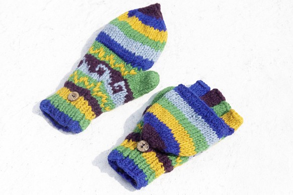 聖誕節禮物 創意禮物 限量一件手織純羊毛針織手套 / 可拆卸手套 / 內刷毛手套 / 保暖手套-南美魔幻 藍色森林民俗風 第1張的照片