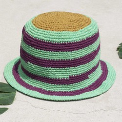 アースフォレストステッチ、手織り綿帽子/漁師帽子/サンバイザー/パッチハット/手作り帽子/手編み帽子/手織り - 緑茶緑茶 1枚目の画像