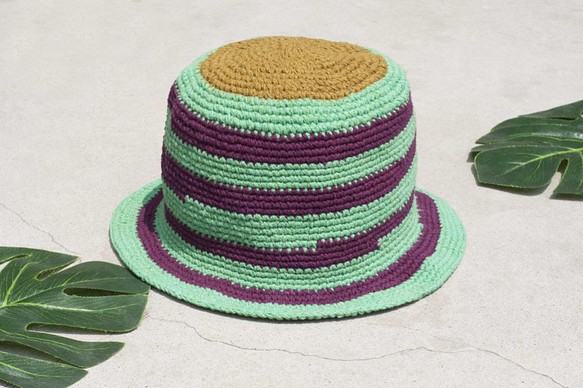 アースフォレストステッチ、手織り綿帽子/漁師帽子/サンバイザー/パッチハット/手作り帽子/手編み帽子/手織り - 緑茶緑茶 1枚目の画像