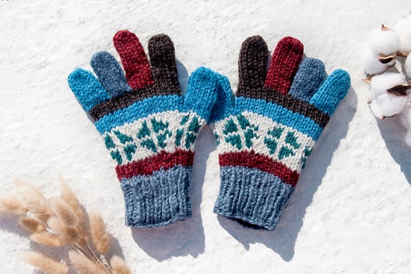 母親節 情人節禮物 新年禮物 民族風 森林系 生日禮物 手織羊毛針織手套/針織純羊毛保暖手套/全趾手套-藍綠北歐費爾島 第1張的照片