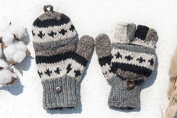 聖誕禮物 母親節 情人節禮物 新年禮物 民族風 森林系 手織純羊毛針織手套/可拆卸手套/內刷毛手套/保暖手套-北歐黑白灰 第1張的照片