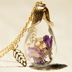 Flower Necklace / 森林女孩 / 法式透明感玻璃球葉片項鍊 - nature 紫色+淡紫色情人草 第1張的照片