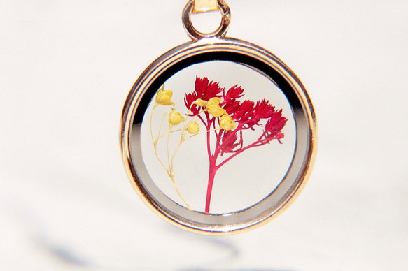 leather necklace母親節禮物 / 森林女孩 / 法式透明感雙面玻璃乾燥花項鍊 - 紅色花朵 + 黃色滿天星 第1張的照片
