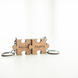 客製化姓名情人節禮物 經典款柚木原木拼圖鑰匙圈兩片組 第1張的照片