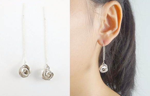 純銀製のイヤリングの耳チェーンのドレープデザインをノック鍛造 1枚目の画像