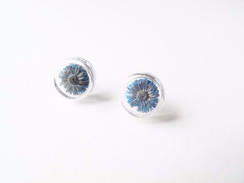 ＊Rosy Garden＊海軍藍色小香青乾燥花圓形玻璃耳環 第1張的照片