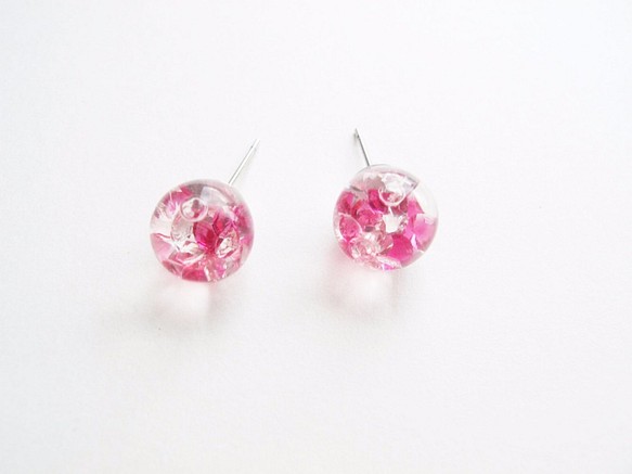 ＊Rosy Garden＊粉紅色流動水晶玻璃球針式耳環 可換耳夾 第1張的照片