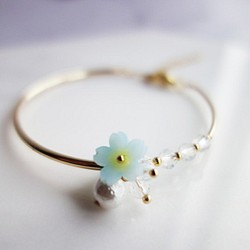 ＊Rosy Garden＊手繪製作 薄荷藍色櫻花水晶穿珠鍍金手鐲 手環 第1張的照片