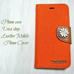 促銷！iPhone6plus / 6splus 手機殼♡開花帆布面料 x 皮革筆記本型手機殼橙色 第1張的照片