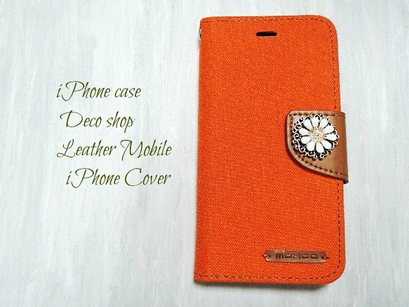 促銷！iPhone6plus / 6splus 手機殼♡開花帆布面料 x 皮革筆記本型手機殼橙色 第1張的照片
