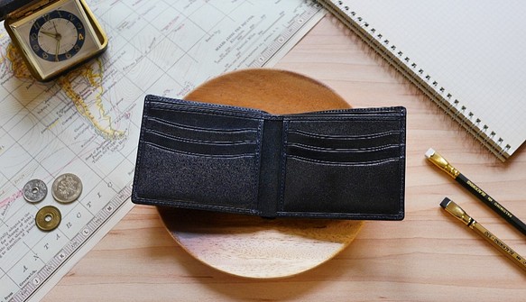 イタリアの第1層牛革手作り財布ショートクリップインディゴブラック
