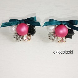 キラキラ☆ピンクケシパールとリボンのピアス 1枚目の画像