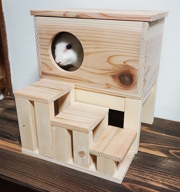 子ウサギさんのおうち♪木製ハウス（杉無垢材）/階段付き[小ウサギ・テグー・リス] 1枚目の画像