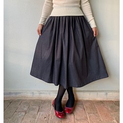 布入荷  デニムスカート ミモレ丈 フレアギャザースカート  シンプル  コットン 1枚目の画像