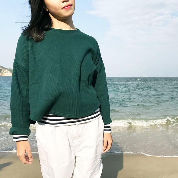 [綠色]淨色純棉長袖上衣 第1張的照片