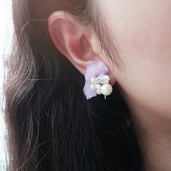 手工串珠 閃石 鑽 貝殻珠 珍珠 花花(粉紫色) 夾耳 第1張的照片