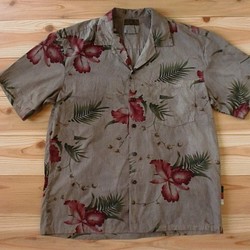 泥染ｘＵＳ古着　ハワイアンシャツ　アロハ　大島紬リメイク　ハワイ製　Ｌサイズ 1枚目の画像