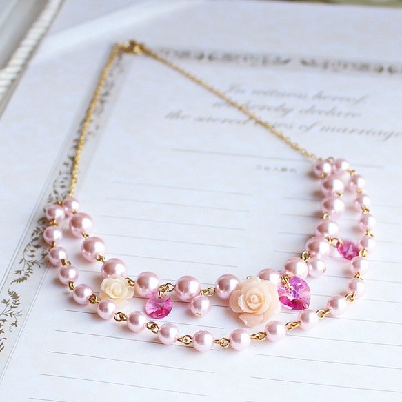 [免運費] [再次上架續訂！ ] 粉色花朵雙珍珠項鍊【日本製造】 第1張的照片