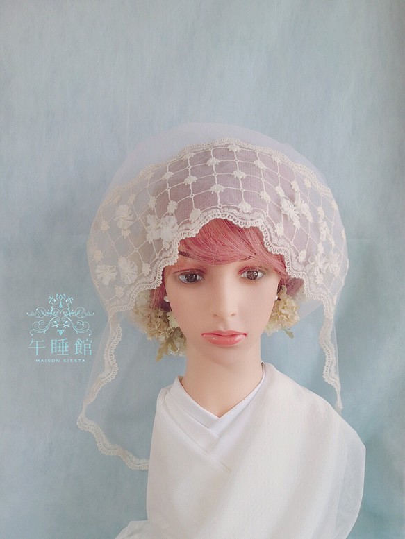 ヴィンテージ風レースの綿帽子(洋髪用) 1枚目の画像