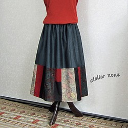 着物リメイク♪4種類の大島紬で裾パッチスカート（裏地付き）丈７７ｃｍ 1枚目の画像
