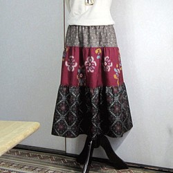 着物リメイク♪大島紬と銘仙のおしゃれな３段ティアードスカート（裏地付き） 1枚目の画像