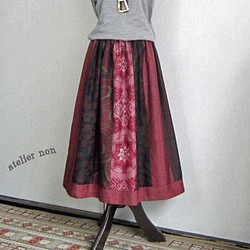 Y様予約品：大島紬ワイン系のシックな大人スカート：丈７６ｃｍ（裏地付き） 1枚目の画像