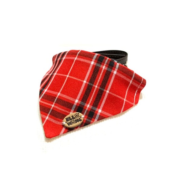 エラワンデザインスカーフペットチェック柄赤スカーフ 1枚目の画像