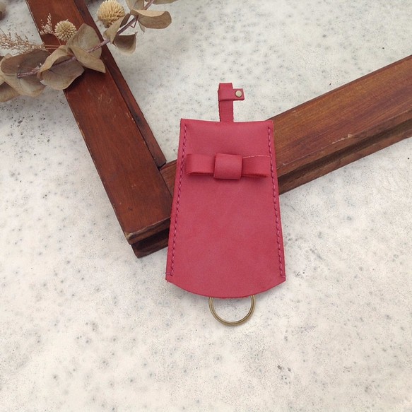 蝴蝶結鑰匙包.鑰匙圈,key,伸縮手工縫製,真皮【屆時皮革】紅色 第1張的照片
