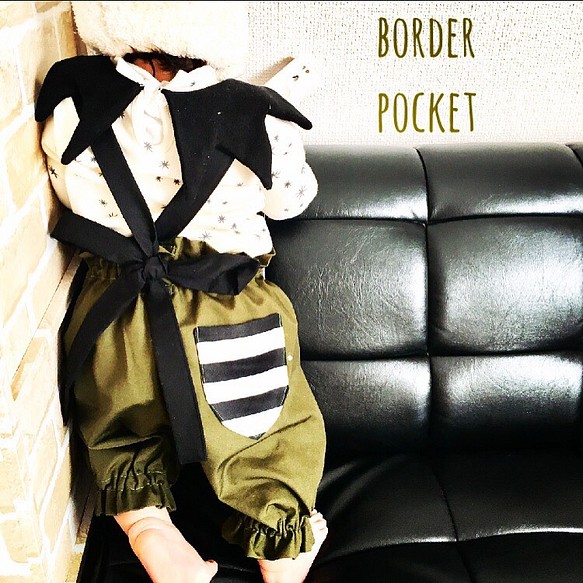 男の子用に♡カーキのサロペット☆ボーダーポケット 1枚目の画像