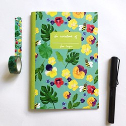 三色堇與蜜蜂 熱帶雨林葉子與花朵 筆記本 內頁網格 A5筆記本 第1張的照片