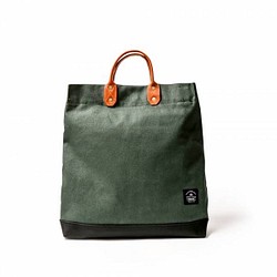簡約L號二代真皮帆布購物袋 手提包 含背帶 棕梠綠 第1張的照片