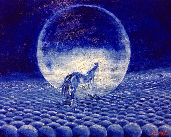 青い馬』油絵 - 絵画
