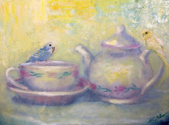 『インコのお茶会』油絵 1枚目の画像