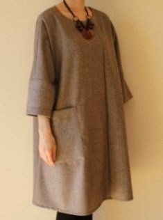 秋季/冬季雙色細羊毛束腰連衣裙Solid×人字紋棕色 第1張的照片