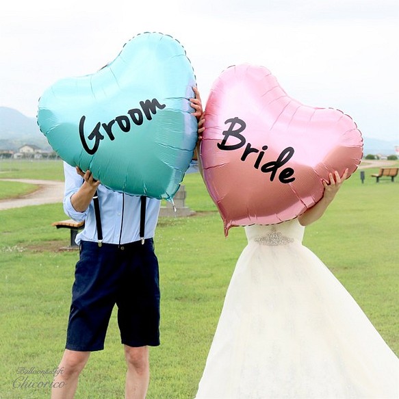 選べるビッグ ハート バルーン Groom Bride Mr Mrs プリント付き 前撮り 小物 ウェディング 披露宴